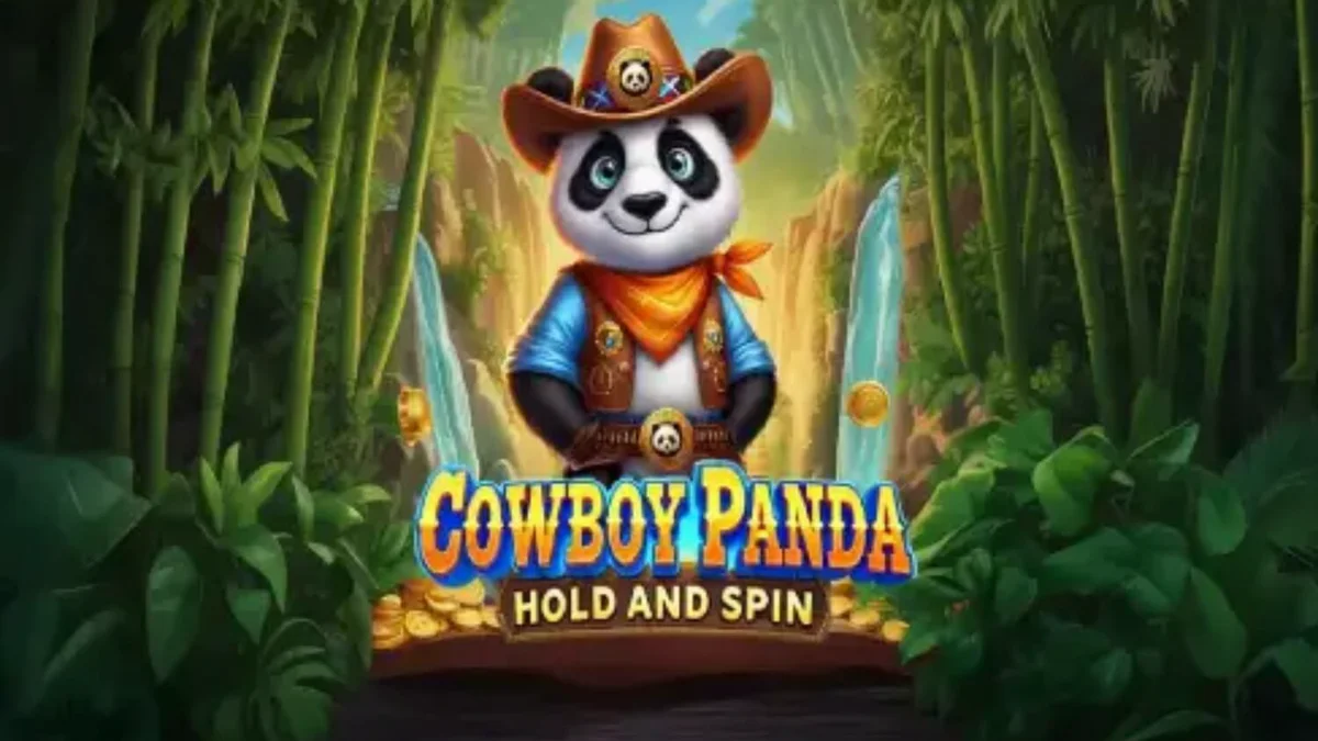 Panda cowboy girando tambores de slot em um cenário de selva e Velho Oeste